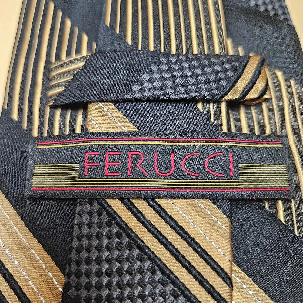 Ferucci Men's Repp Tie Black & Gold Office Executive 90% Silk Shiny gold thread